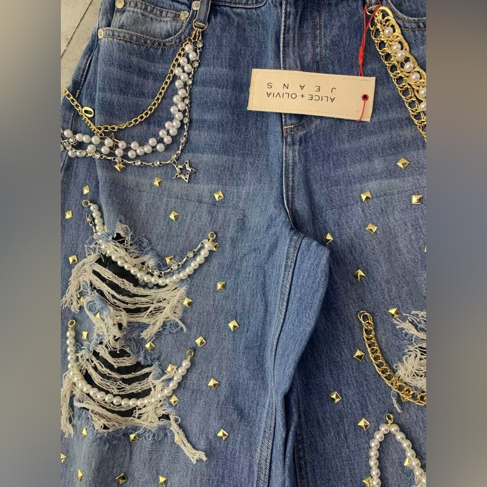 Alice + Olivia Harper Embellished Ripped Jeans - NWT - Picture 7 of 14
